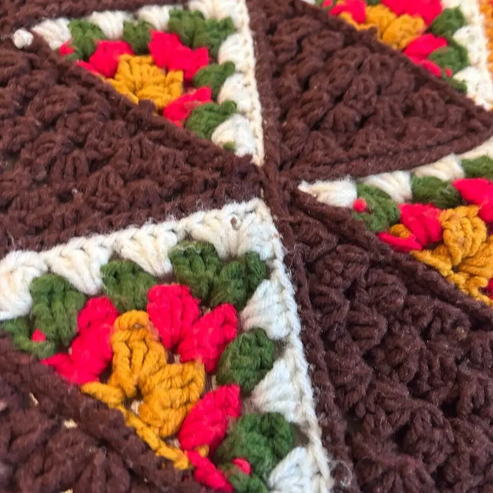 Vintage Hand Crocheted Brown Floral Basket Granny Square Afghan Throw 46x77